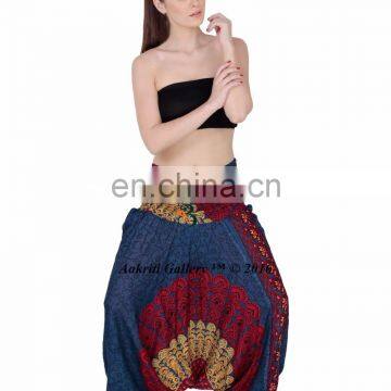 Dance Jumpsuit Hippie Peacock Print Rayon Blue Harem Pants Women Casual Trouser