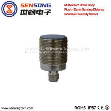 M30x48mm Brass Body Flush Cylinderical Inductive Proximity Sensor/Switch 22mm Long Sensing Distance NPN PNP M12 Connector