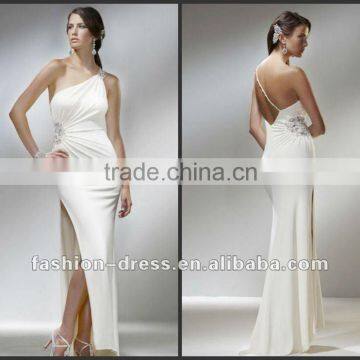 One Shoulder Low Back High Slit White Sexy Evening Dress