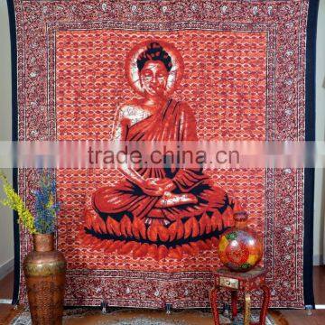 Indian Tapestry Cotton Buddha Print Red Vintage Wall Hanging Maditation Spritual Tapestries Throw Bedsheet