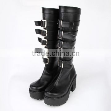 Fashion long black women buckle leather boots