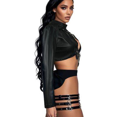 2025 Black Punk Single Shoulder PU Leather Robe Rock Dance Versatile Irregular European and American Independent Station Customized Typing photo-5