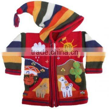 LONG HOODED CARDIGAN WITH 3D APPLICATIONS OF FARM DESIGN