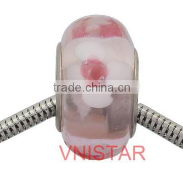 Vnistar stainless steel core pink glass beads with white flowers fit for european bracelet&DIY jewelry PGS003