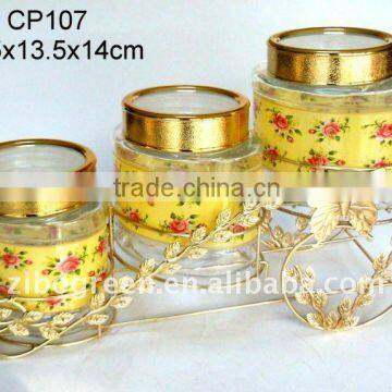 3pcs oval glass jar with printing with golden rack(CP107)