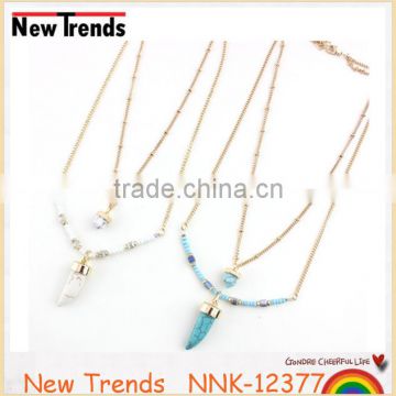 2016 New fashion womens double gold plated chains turquoise pendant necklace