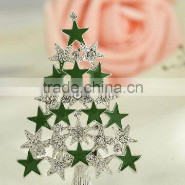Green And Silver Plated Full Of Stars Christmas Tree Brooch