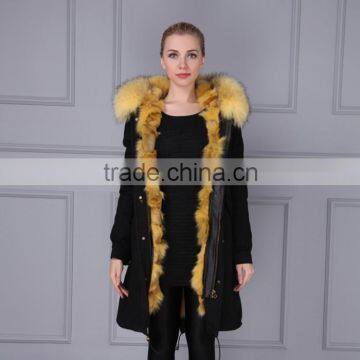 Brand fashion womens genuine fox fur lining parka with raccoon fur hood