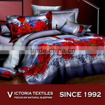 red romantic rose pattern reactive printed bed in bag 4 pieces bedding sets