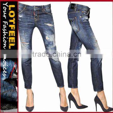 Italian design distressed washed women denim jeans pants (LOTX302)