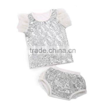 Gold supplier Yiwu baby clothing factory sequin baby newborn wear sleeveless top and ruffle chiffon bloomer wholesale alibaba