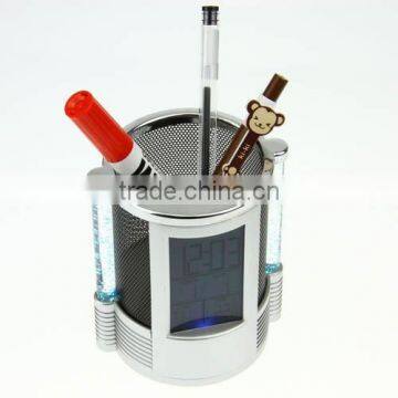 Digital LCD Desk ALarm Clock & Mesh Pen Holder Pens Rulers Office Tidy LED Light photo-5