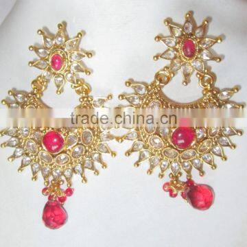 Pink Polki Gold Tone Dangler EARRING Pair photo-4