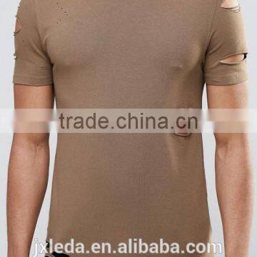 Men Longline Brown Distressing Blank Slim Fitted Muscle T-shirt Custom China Manufacturers photo-3