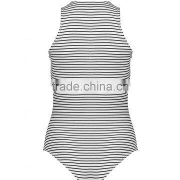 2016 New Fashion Lace Up Front Sleeveless Bodysuits Young Girl Black White Stripe Women Tops photo-3