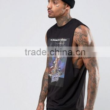 Fashion Design Black 100% Cotton Men's Sleeveless T-Shirt Raw Cut Crew neck Tank Top Wholesale Deep Cut T Shirt