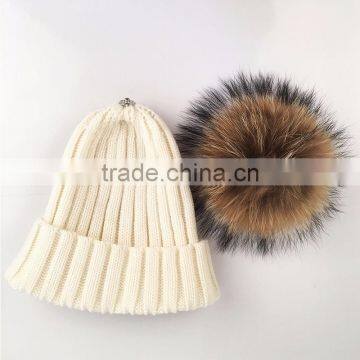 Myfur Fluffy Real Raccoon Animal Fur Pom Pom Knitted Beanie Hat for Adult Couple Cap