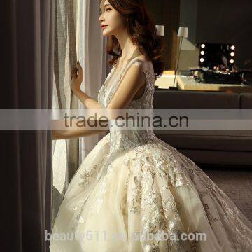 Hot Sale Boat Neck Sleeveless Floor-length Floral Ruffled Organza Wedding Dress TS26