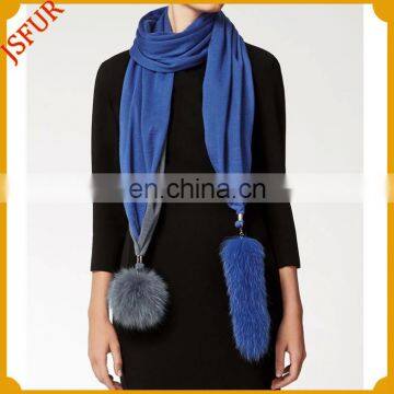 Latest design bulk sale fox fur pom poms trim scarf wool scarf in winter for women