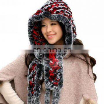 women's 100% real genuine knitted rex rabbit fur hooded scarf with fringe