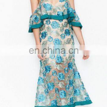 2017 summer lace dress beige and blue color spaghetti strap butterfly sleeves mid-calf embroidered leaves casual dress