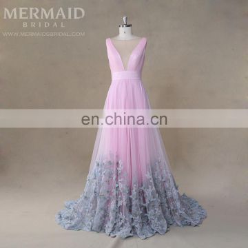 luxury backless patterns of lace pink evening dress