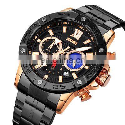 Private Label Skmei 9235 Moon Phase Wristwatches Japan Movement Stainless Steel Men Quartz Watches