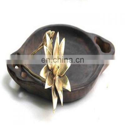 wooden bowl with metal flower & leafs