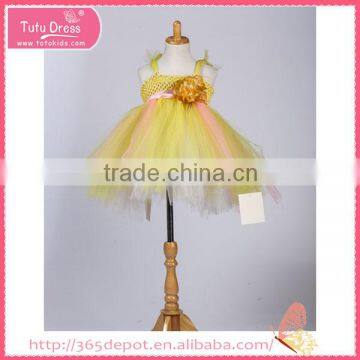 Above Knee bright yellow cotton yarn flower prom dress fluffy voile girl's dress children frocks designs