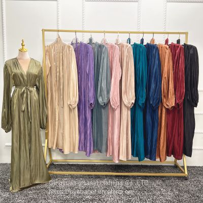 BS-LR451 Women Silk Muslim Dresses Abaya with Hijabs Scarf Open Front Cardigan Maxi Dress Dubai Robe Islamic Middle East Ethnic Dress