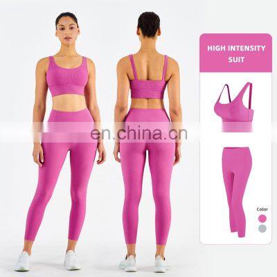 Custom Women Ribber Fabric Sport Set Girls Yoga Gymwear Wholesale Workout Set Fitness clothing