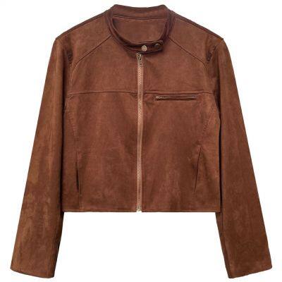Luxi early autumn new retro stand up collar buckle suede jacket women's Hong Kong style short motorcycle jacket top