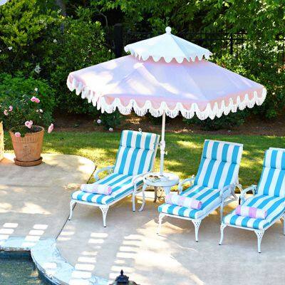 Double Roof Garden Umbrella Luxury Vintage Fringed Poolside Umbrella Waterproof PU Coated Fabric With Tassels
