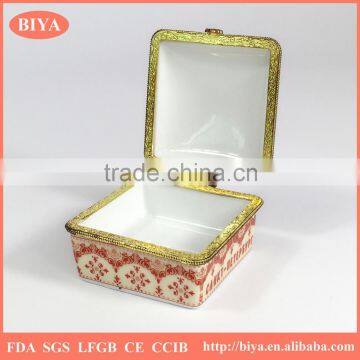 hot sale promotional custom handpainted white porcelain ceramic jewelry box square box or trinket box with beautiful scenery