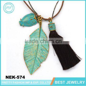 Korean retro jewelry leaf antique gold plate tassel necklace