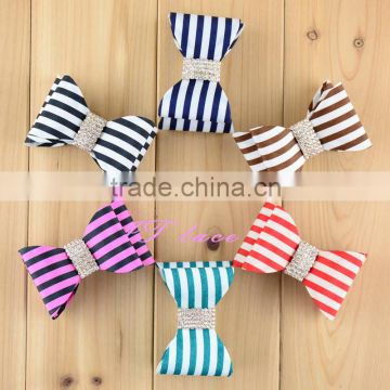 Set of 5 Satin Ribbon hair bow- stripe rhinestone bow