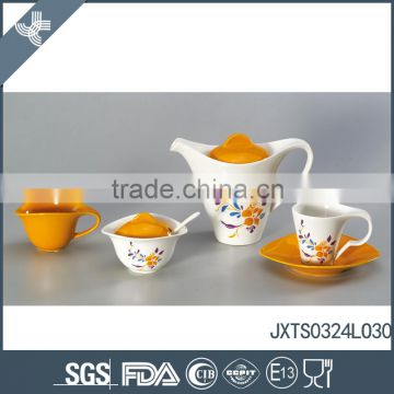 New design ceramic 15pcs tea set light orange colored with flower decal