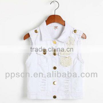 ss new fashion basic white denim vest with pearl,china supplier