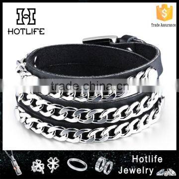 2016 New Cool Jewelry Three Wraps Black Genuine Chain Link Leather Bracelet for Men