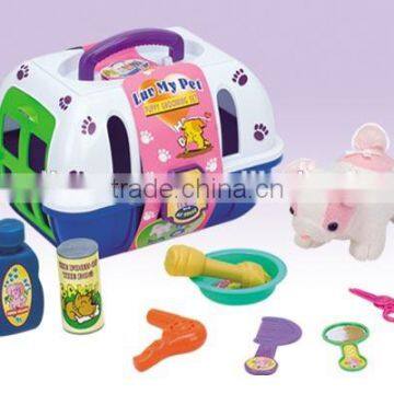 Toy pet cage with dog care set