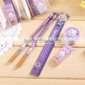 Cute 5pcs stationery sets for promional gifts pencil eraser sharpener, ruler for student