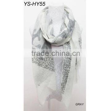 Gray Color Leopard Print Plain Viscose Scarf