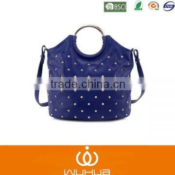 2014 New Fashion Blue Studded Pu Handbags With Metal Handles