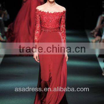 2014 New Style Chiffon Off-Shoulder Long Sleeve with Lace Appliqued and Beads Red Designer One Piece Party Dress (EVGH-1020)