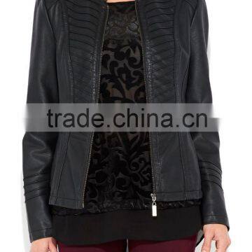 lady's pleated front black PU biker jacket