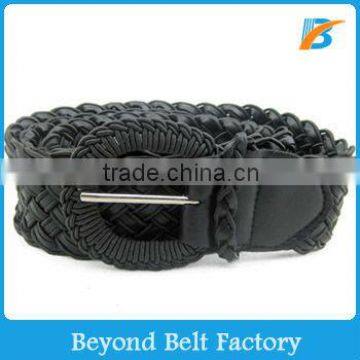 Ladies Fashion Black Web Woven Braid Faux Leather Belt with Elastic Rope