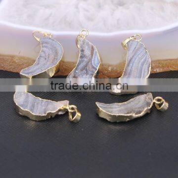 Natural Titanium AB Brazilian Galaxy Quartz Pendants, Crescent shape Gold plated Druzy Drusy Gem stone Pendant