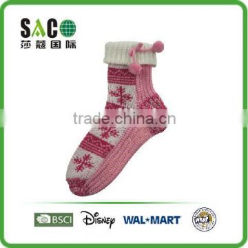 rose color snow pattern folded cuff with pom pom acrylic floor socks