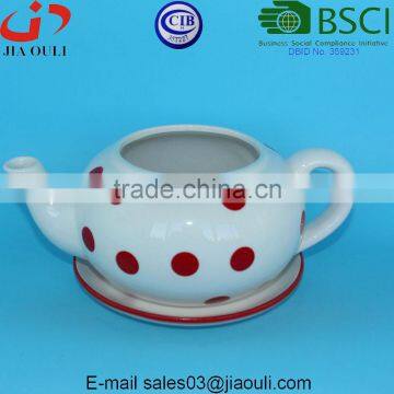 Home & Garden Decration Ceramic Teapot Shape Flower Pot With Red Polka Dots photo-3