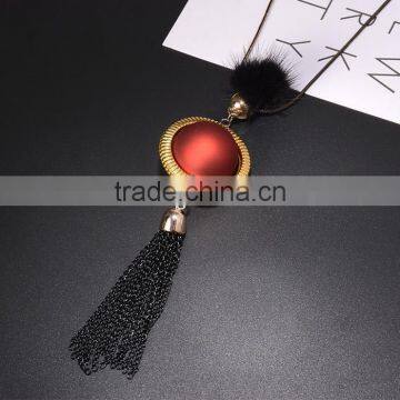 Red Bead Gold Hoop Pendant Long Chain Necklace Black Chain Tassel Necklace Pompon Necklace